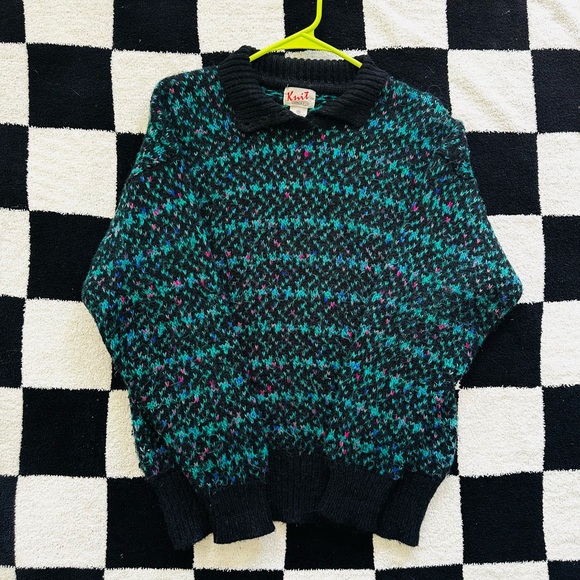 80s Vintage Teal Collared Sweater - Picture 1 of 4